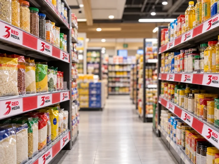 Supermarket shelves with printed vinyl shelf strips and the 3 Red Media logo