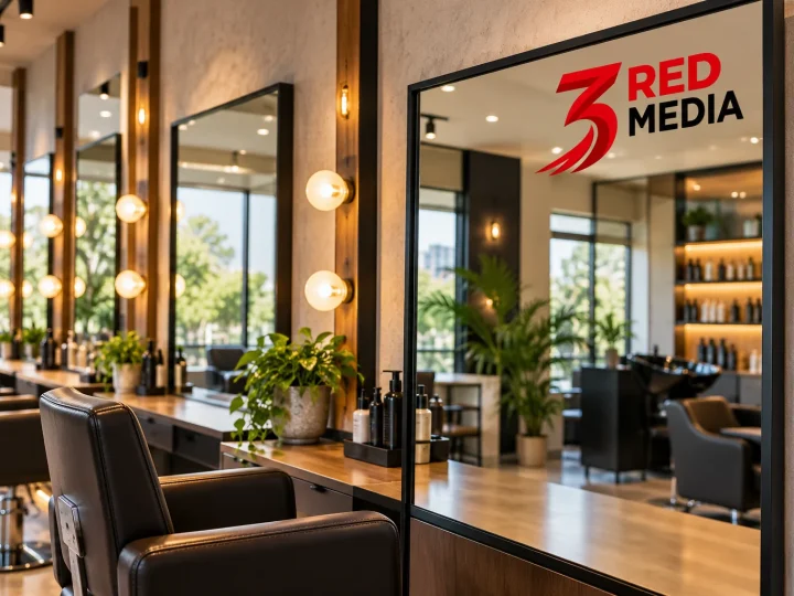 Salon mirror wall with a white vinyl decal of the 3 Red Media logo