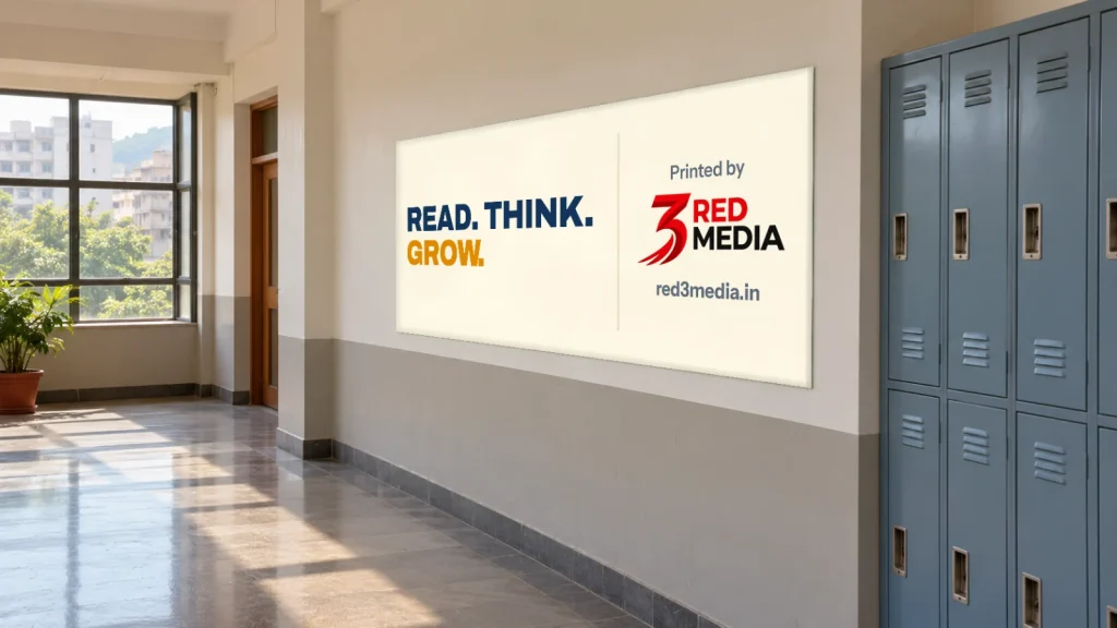 Printed vinyl wall graphic in a school corridor in Pune reading Read, think, grow, with the 3 Red Media printer credit