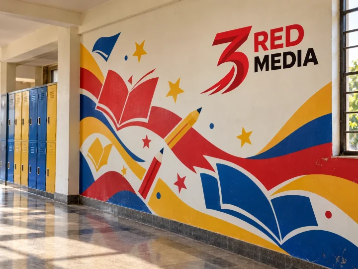 School corridor wall with a colourful printed vinyl wall graphic and the 3 Red Media logo