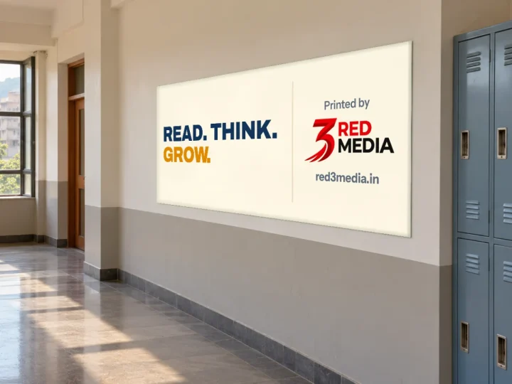 Printed vinyl wall graphic in a school corridor in Pune reading Read, think, grow, with the 3 Red Media printer credit