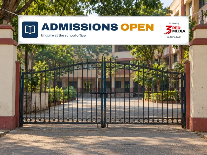 School gate in Pune with a printed vinyl Admissions open banner, with the 3 Red Media printer credit