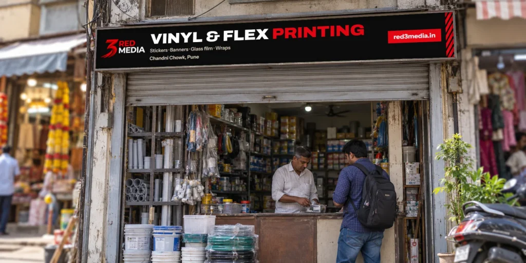 Shop fascia board printed in vinyl for 3 Red Media on a Pune market street
