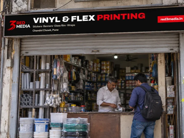 Shop front fascia board with the 3 Red Media logo in printed vinyl