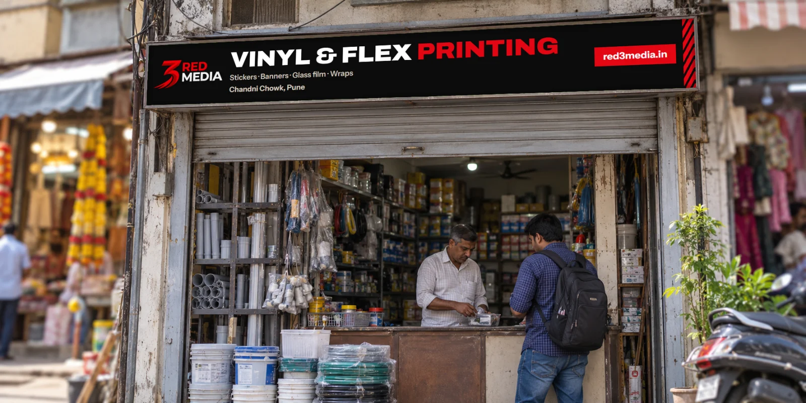 Shop fascia board printed in vinyl for 3 Red Media on a Pune market street