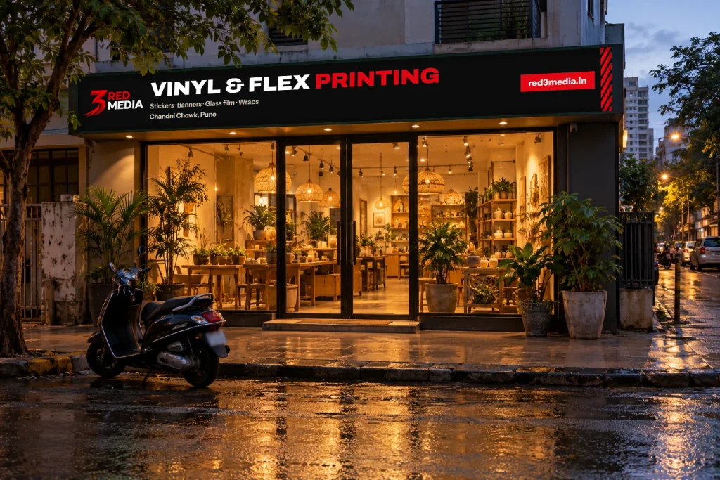 Shop front at dusk with a printed fascia board for 3 Red Media