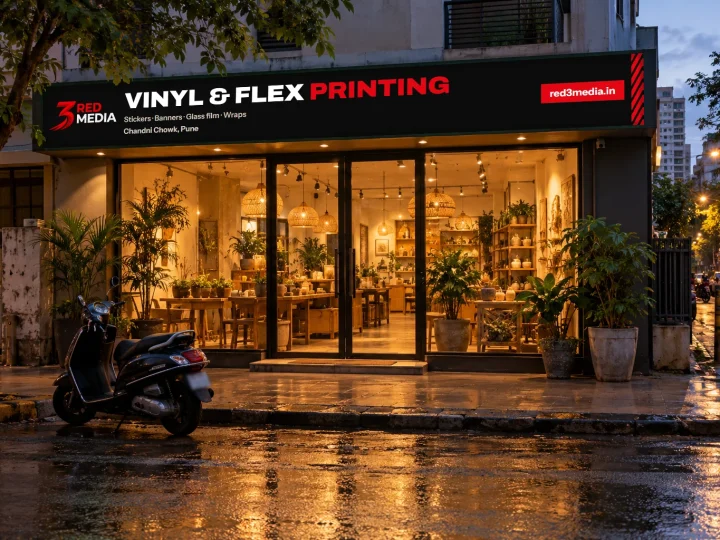 Shop front at dusk with a printed fascia board for 3 Red Media