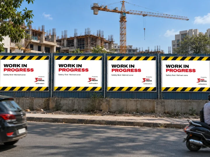 Construction site barricade wrapped in printed flex graphics with the 3 Red Media logo