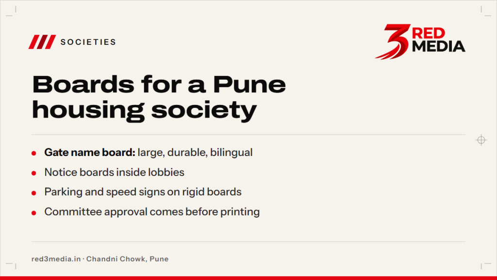 Society Name Board in Pune: Gate, Notice and Parking Signs - key facts card