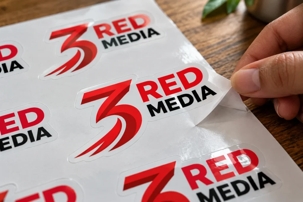 Die-cut logo stickers on a backing sheet with one peeled off, the format numbered flat and bay stickers come in