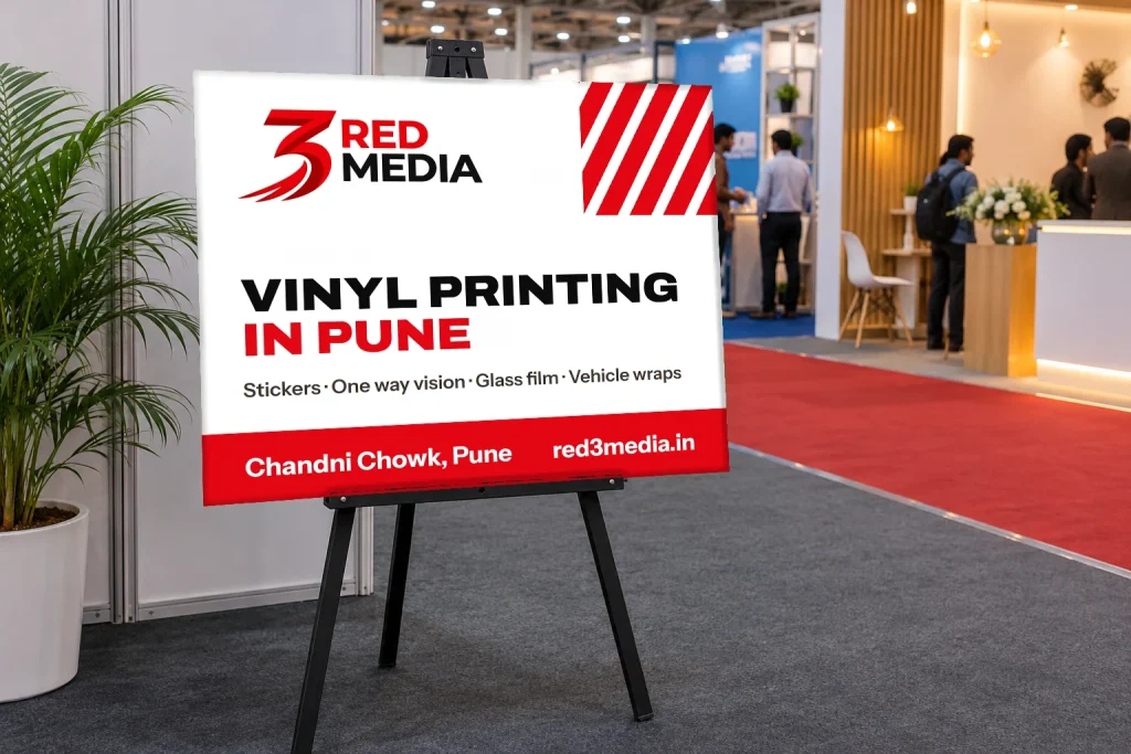 Printed sunboard display on an easel at an exhibition, by 3 Red Media