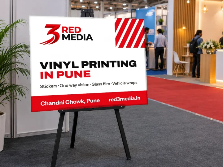 Printed sunboard display on an easel at an exhibition, by 3 Red Media