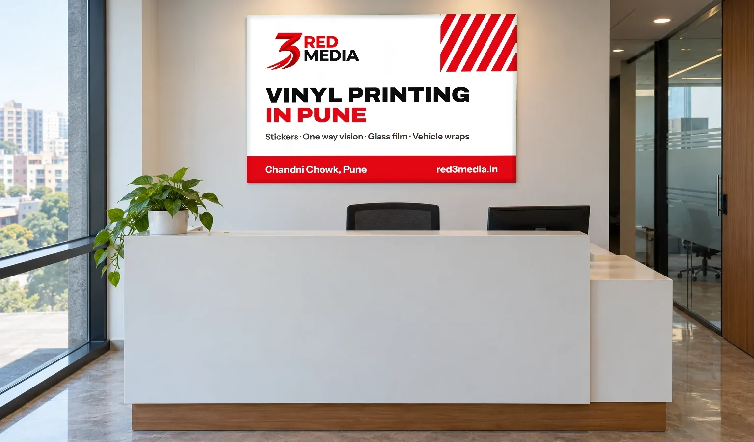 Printed vinyl on sunboard sign at an office reception, by 3 Red Media