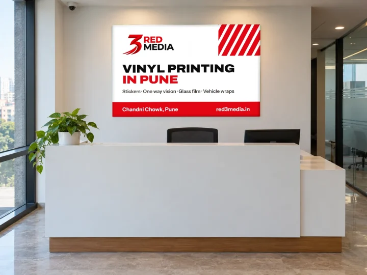 3 Red Media logo printed on vinyl and mounted on a sunboard sign at a reception