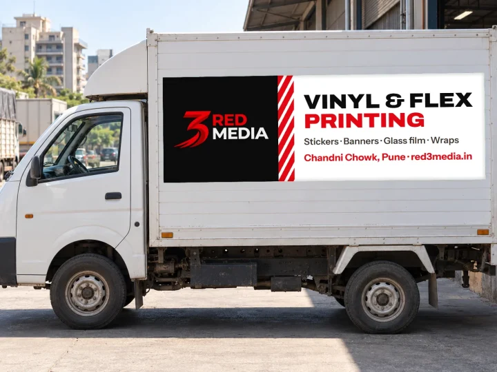 Mini truck with a printed vinyl graphic on its cargo box for 3 Red Media
