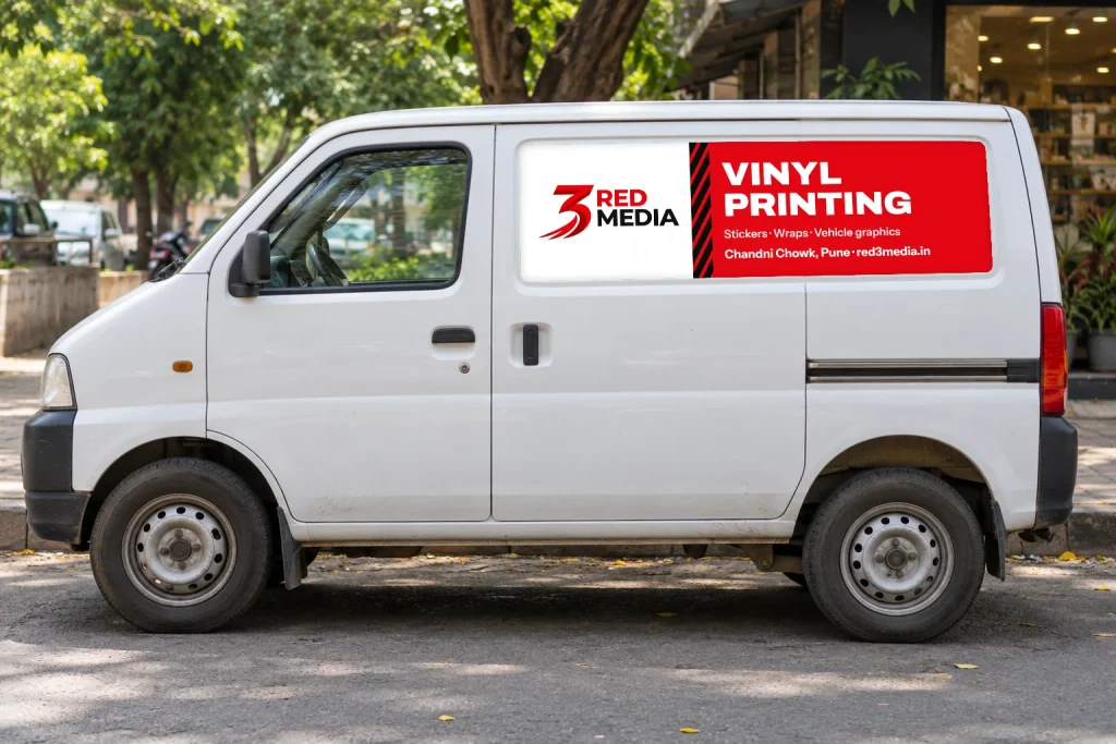 Delivery van with vinyl branding on its side panel, the kind of door set a Warje transport owner orders