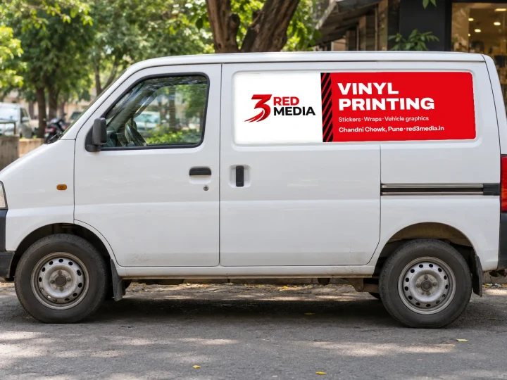 Delivery van with 3 Red Media vinyl branding on its side panel