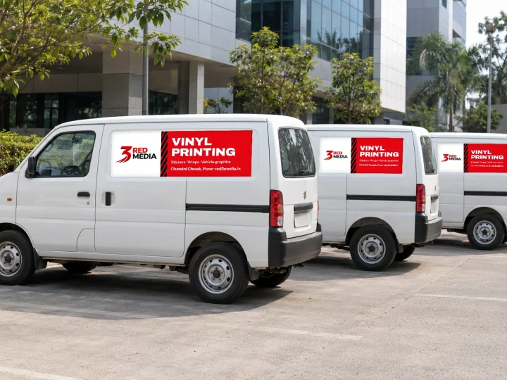 Three vans in a row with matching 3 Red Media vinyl branding