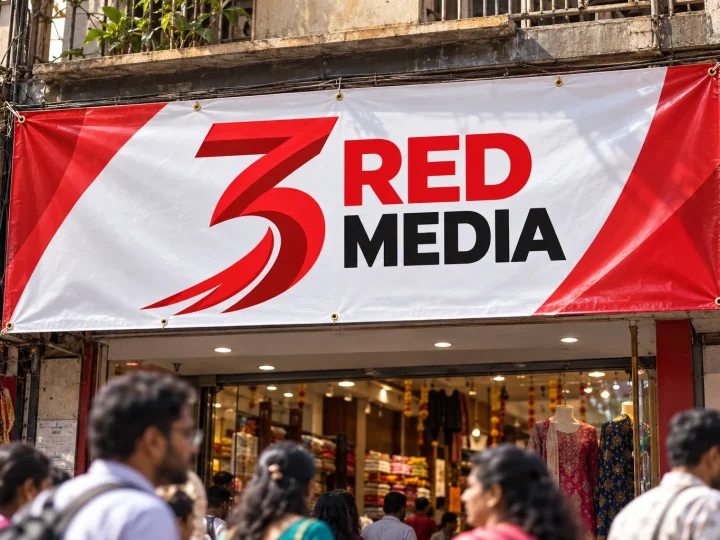 Printed vinyl banner with eyelets tied on a shop facade showing the 3 Red Media logo