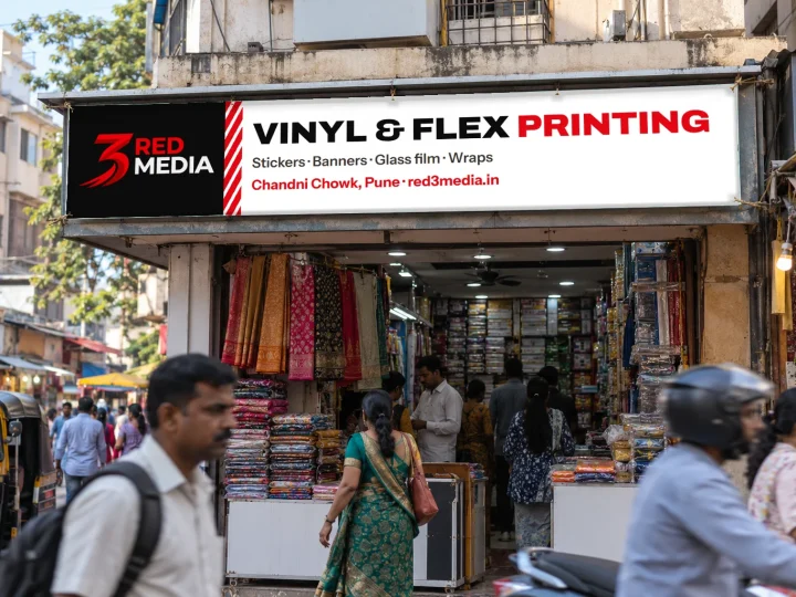 Printed vinyl banner with eyelets on a shop facade, advertising 3 Red Media