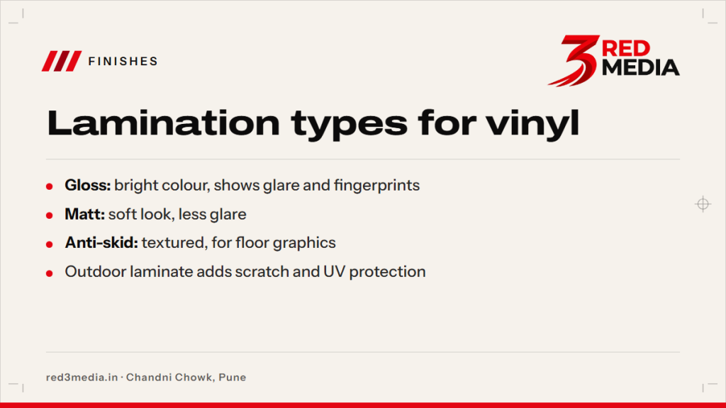 Vinyl Lamination Types: Matt, Gloss and Textured Finishes - key facts card
