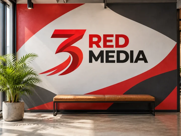 Office wall graphic in red and charcoal with the 3 Red Media logo