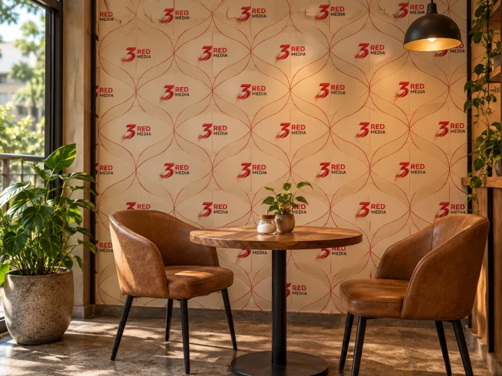 Custom printed vinyl wallpaper with a red pattern and the 3 Red Media logo in a café