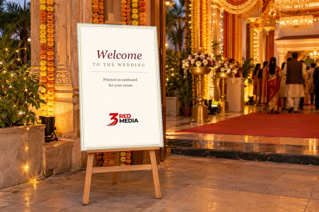 Wedding welcome board printed on sunboard at a venue entrance, by 3 Red Media