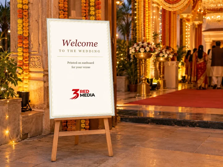 Wedding venue welcome board printed on sunboard with the 3 Red Media logo