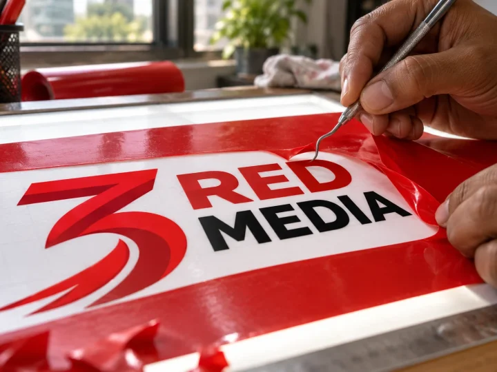 Hands weeding cut vinyl lettering of the 3 Red Media logo with a hook tool